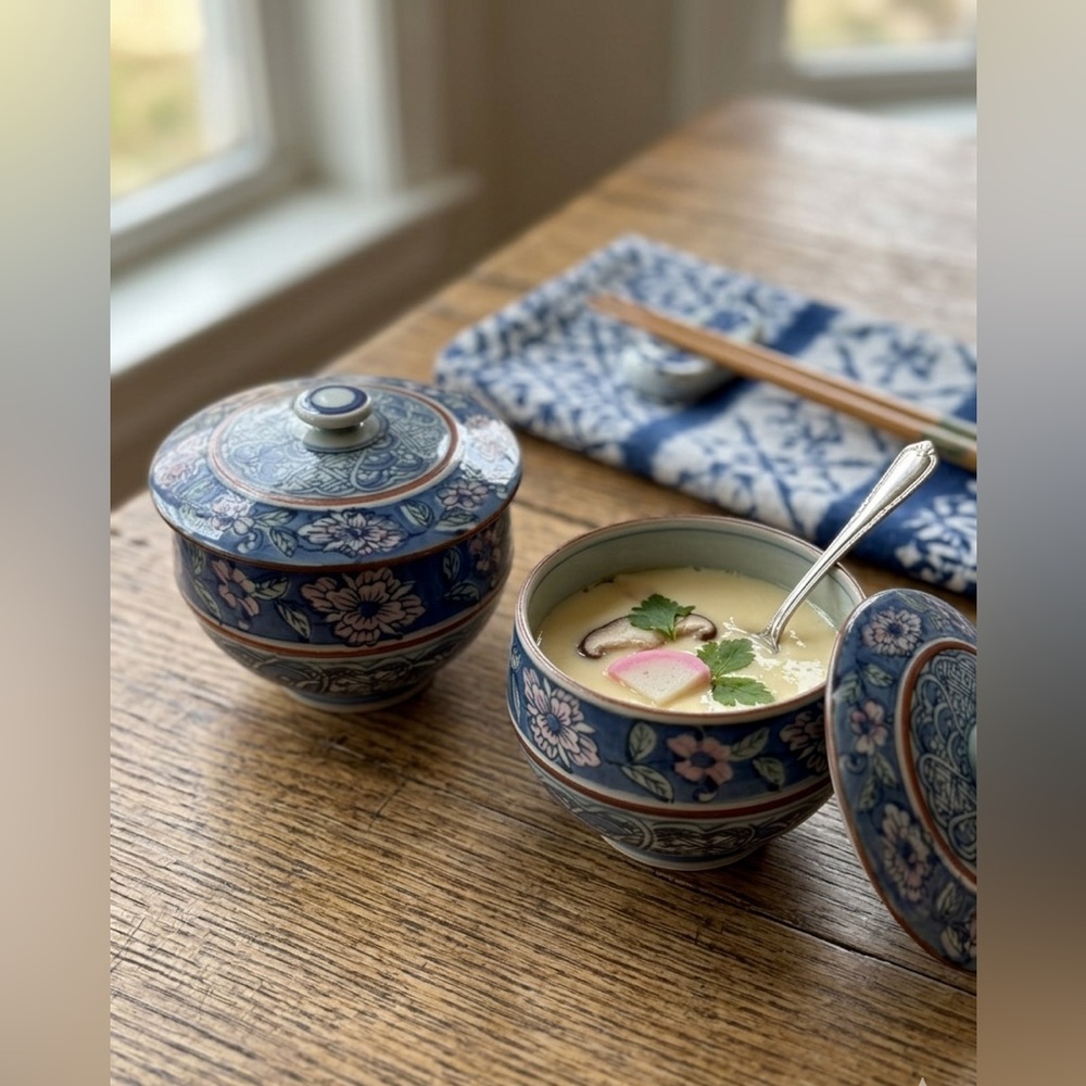 Vintage Japanese Blue & White Lidded Chawanmushi Custard Cups - Set